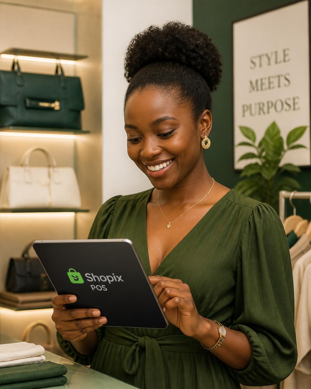 Commerçante souriante utilisant l'application Shopix sur tablette